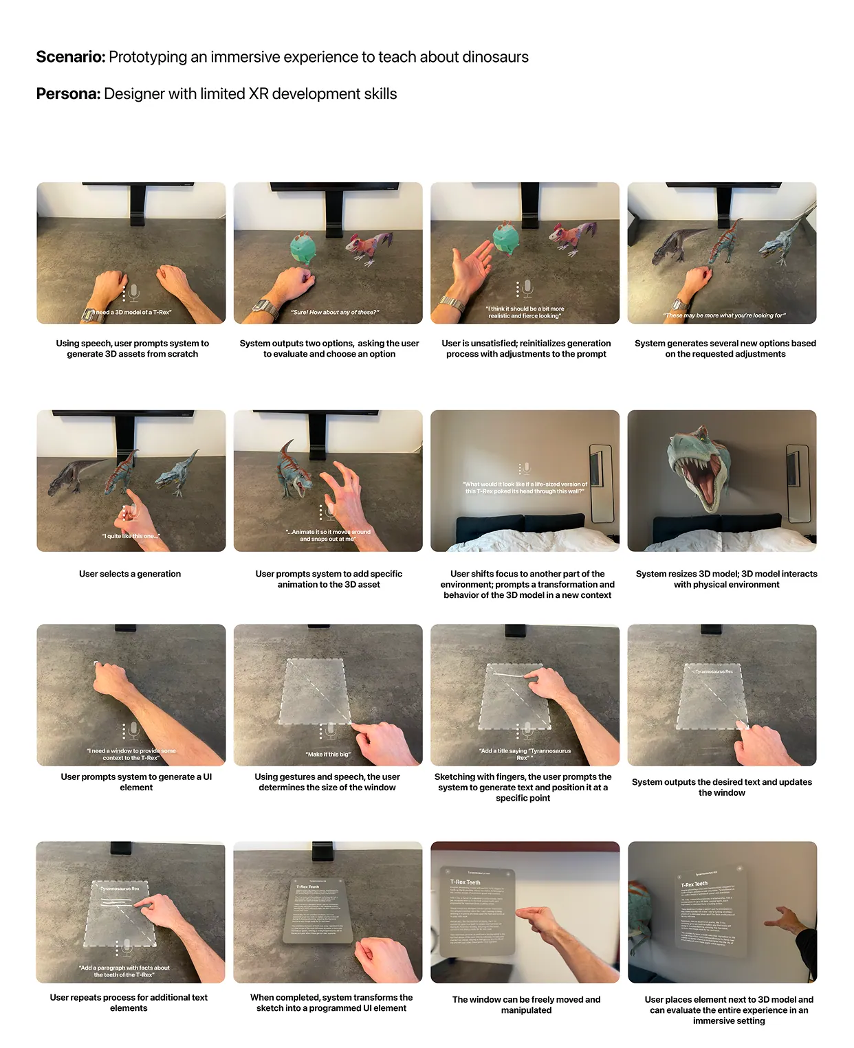 Storyboard of a designer prototyping an immersive dinosaur experience with speech, gesture and gaze