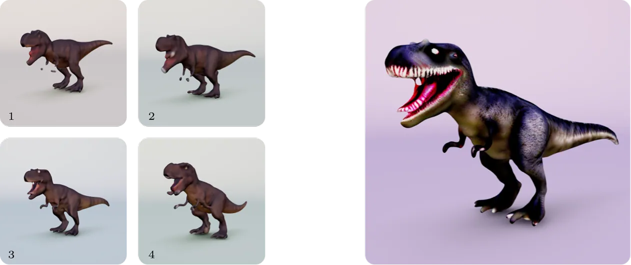 Four text-to-3D T-rex variations from Luma Genie next to a refined high-quality model