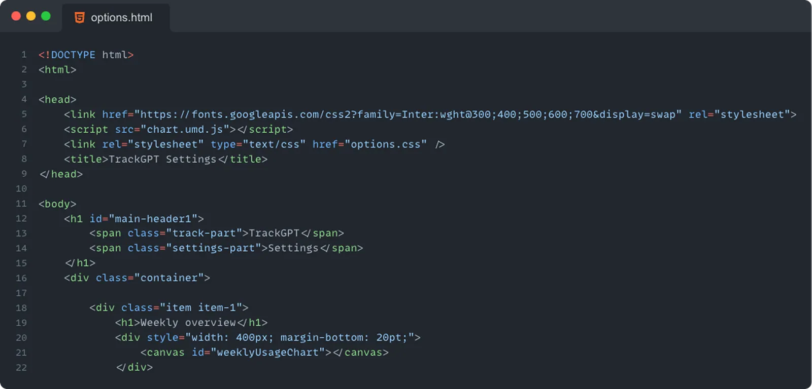 options.html source for the extension settings page