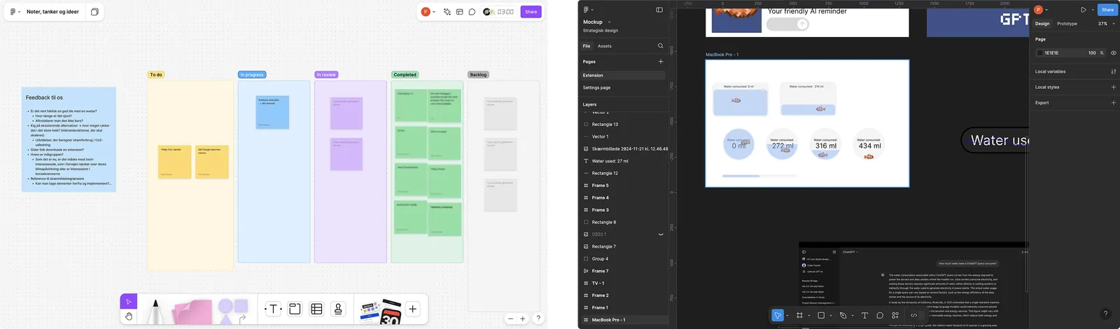 Design workspace — ideation board alongside the fish-tank reminder and statistics mockups